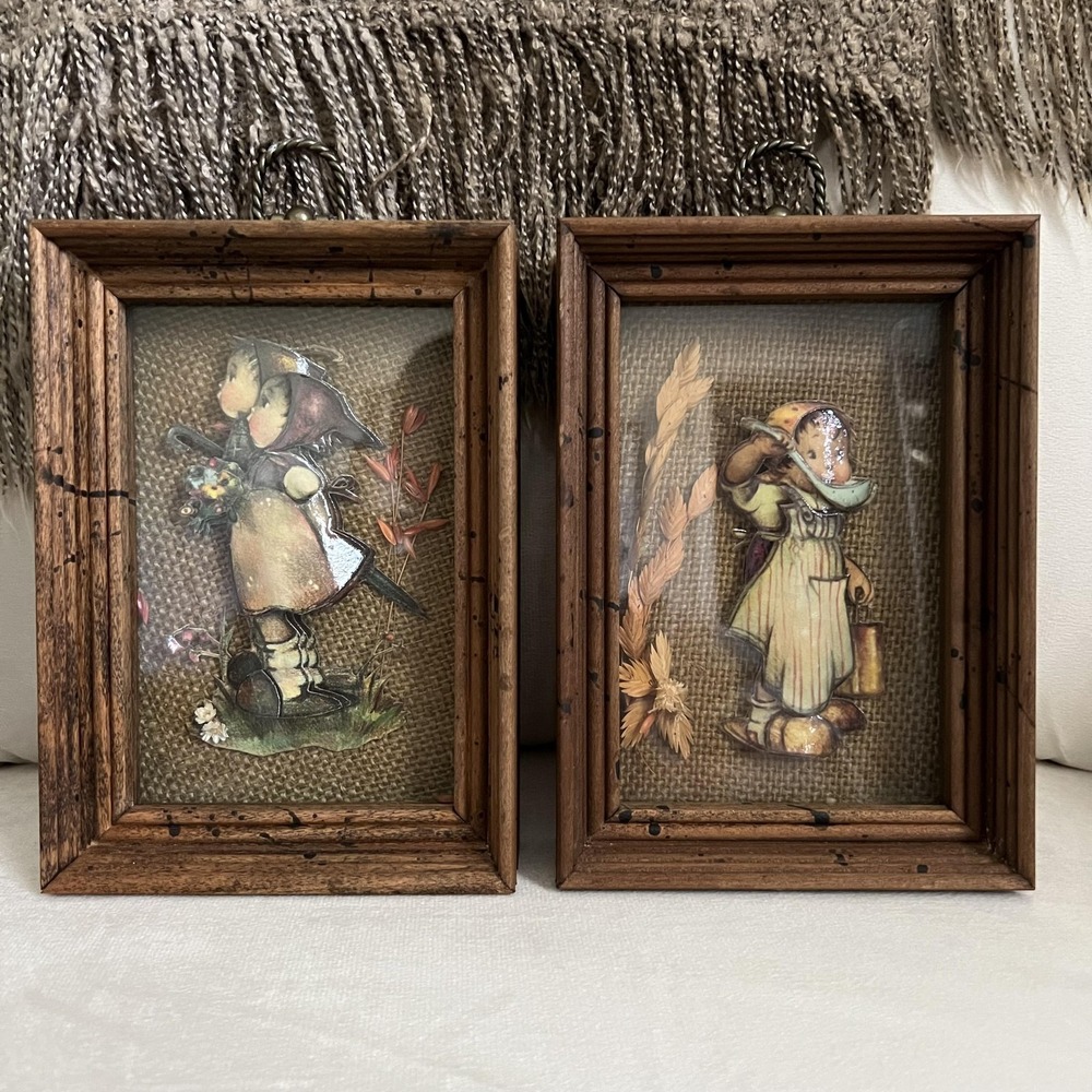 Vintage Hummel Style Wall Art Set Cottage Farmhouse Shadow Box Rustic Wood Frame